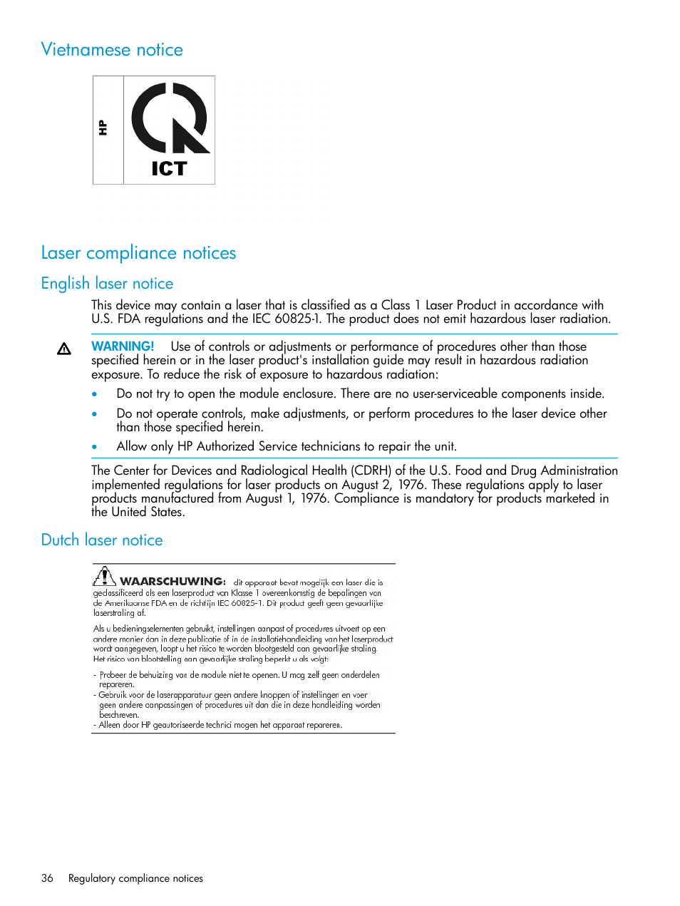 Vietnamese notice, Laser compliance notices, English laser notice | Dutch laser notice, Vietnamese notice laser compliance notices, English laser notice dutch laser notice | HP Brocade 8Gb SAN Switch for HP BladeSystem c-Class User Manual | Page 36 / 59