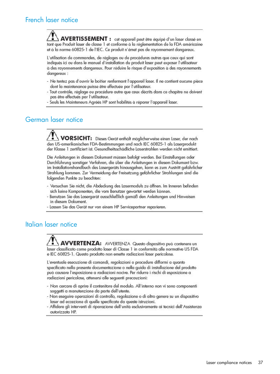 French laser notice, German laser notice, Italian laser notice | HP Brocade 8Gb SAN Switch for HP BladeSystem c-Class User Manual | Page 37 / 59