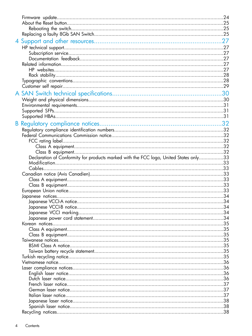 4 support and other resources, A san switch technical specifications, B regulatory compliance notices | HP Brocade 8Gb SAN Switch for HP BladeSystem c-Class User Manual | Page 4 / 59