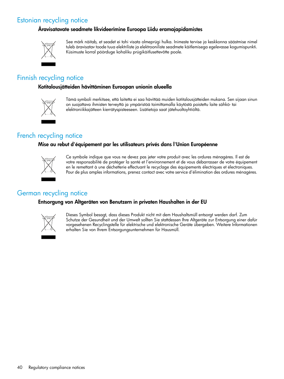 Estonian recycling notice, Finnish recycling notice, French recycling notice | German recycling notice | HP Brocade 8Gb SAN Switch for HP BladeSystem c-Class User Manual | Page 40 / 59