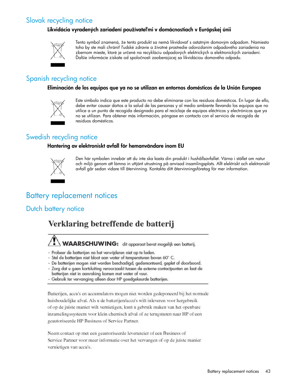Slovak recycling notice, Spanish recycling notice, Swedish recycling notice | Battery replacement notices, Dutch battery notice | HP Brocade 8Gb SAN Switch for HP BladeSystem c-Class User Manual | Page 43 / 59