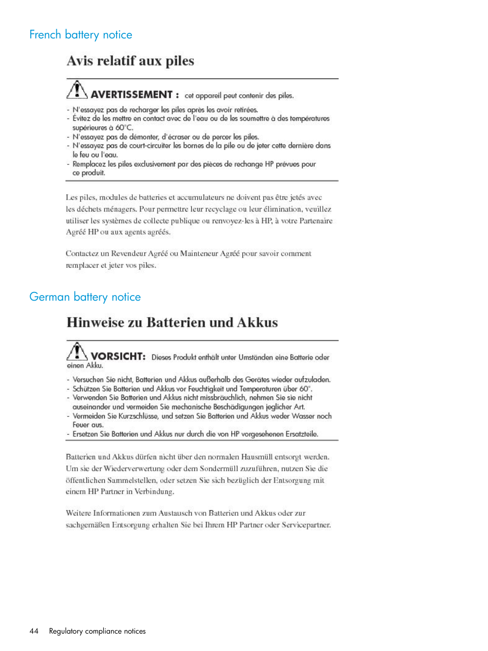 French battery notice, German battery notice, French battery notice german battery notice | HP Brocade 8Gb SAN Switch for HP BladeSystem c-Class User Manual | Page 44 / 59