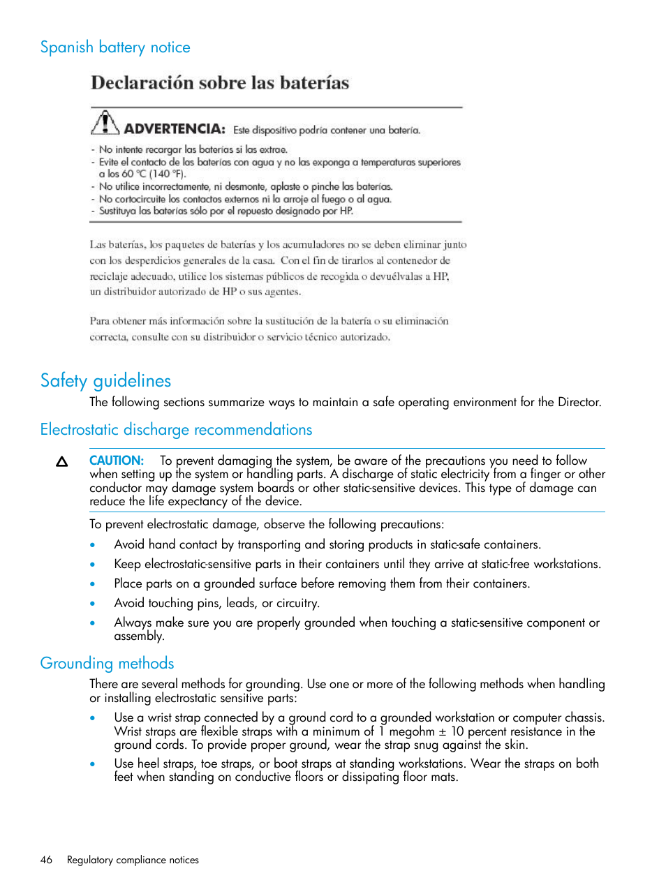 Spanish battery notice, Safety guidelines, Electrostatic discharge recommendations | Grounding methods | HP Brocade 8Gb SAN Switch for HP BladeSystem c-Class User Manual | Page 46 / 59