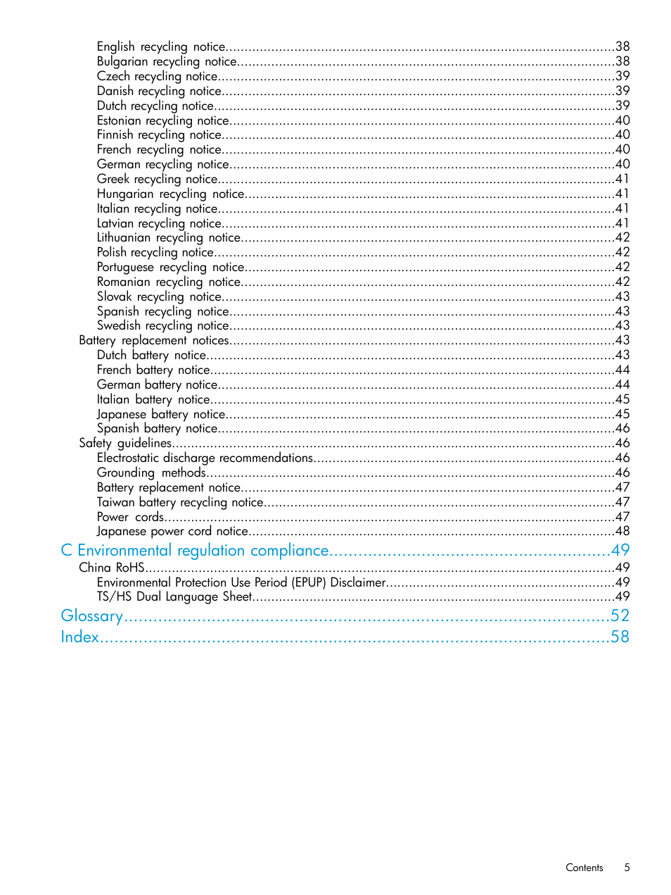 C environmental regulation compliance, Glossary index | HP Brocade 8Gb SAN Switch for HP BladeSystem c-Class User Manual | Page 5 / 59