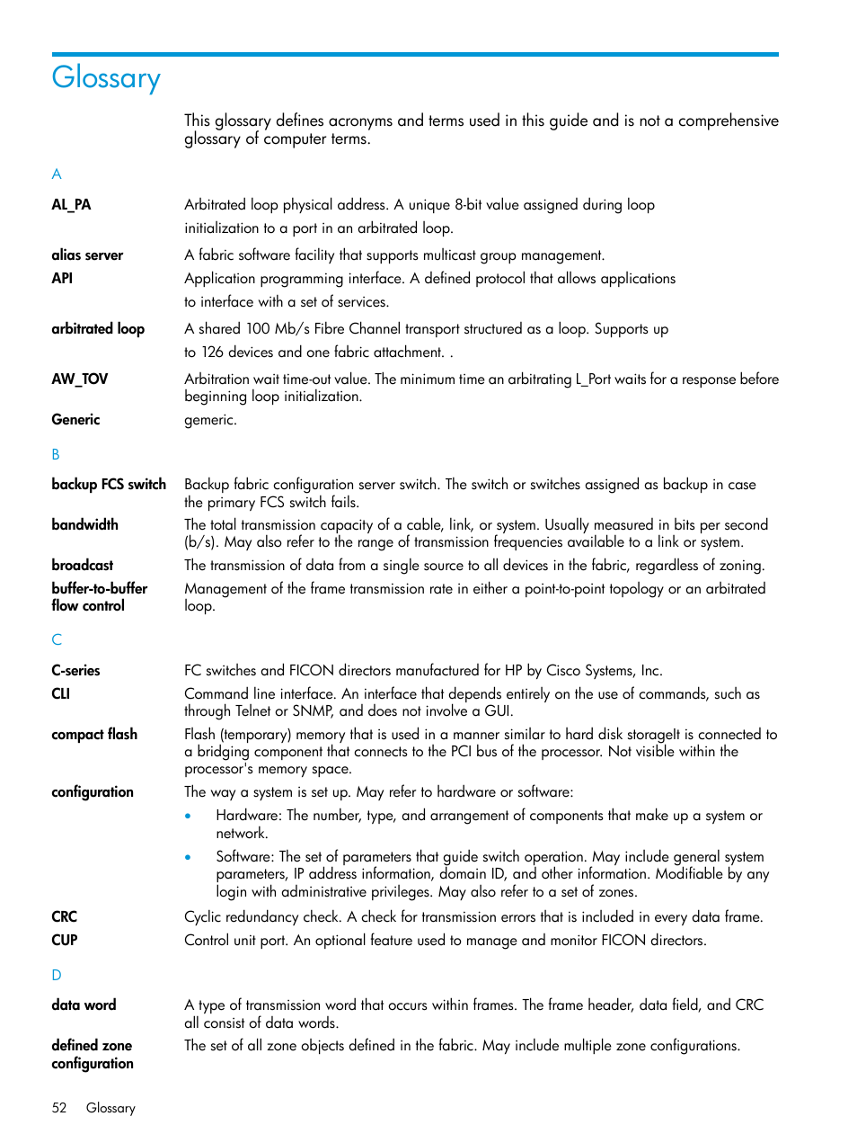 Glossary | HP Brocade 8Gb SAN Switch for HP BladeSystem c-Class User Manual | Page 52 / 59