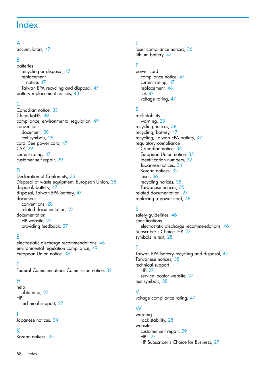 Index | HP Brocade 8Gb SAN Switch for HP BladeSystem c-Class User Manual | Page 58 / 59