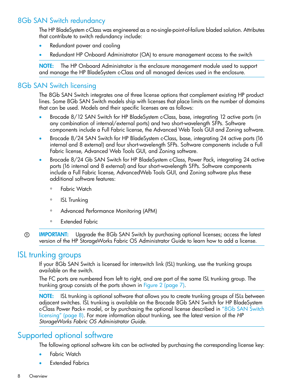 8gb san switch redundancy, 8gb san switch licensing, Isl trunking groups | Supported optional software, 8gb san switch redundancy 8gb san switch licensing, Isl trunking groups supported optional software | HP Brocade 8Gb SAN Switch for HP BladeSystem c-Class User Manual | Page 8 / 59