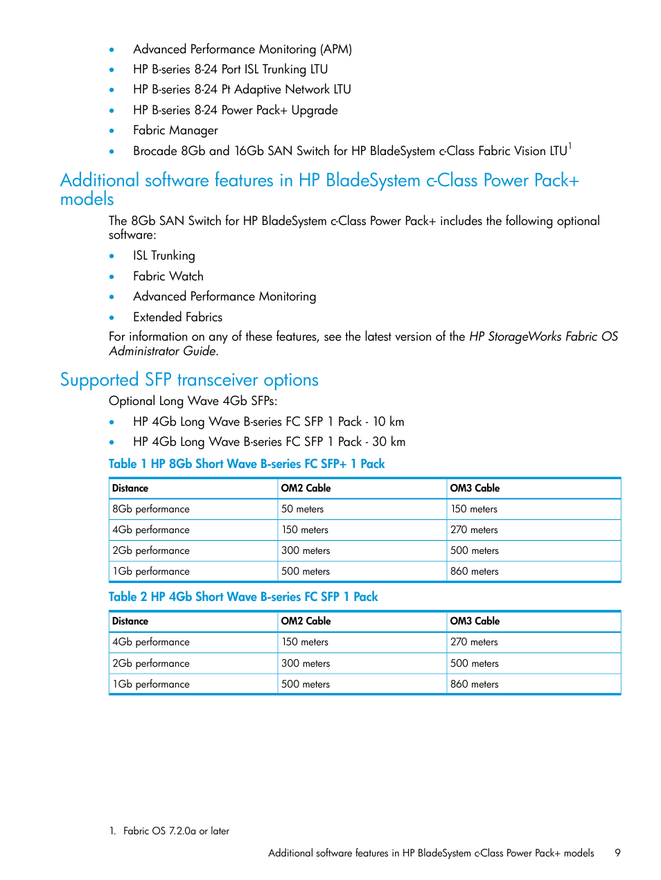 Supported sfp transceiver options | HP Brocade 8Gb SAN Switch for HP BladeSystem c-Class User Manual | Page 9 / 59
