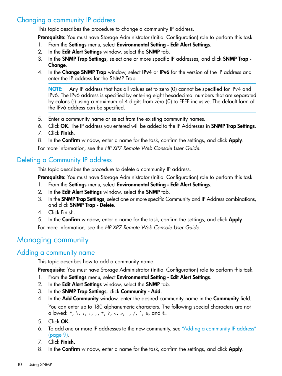 Changing a community ip address, Deleting a community ip address, Managing community | Adding a community name | HP XP Racks User Manual | Page 10 / 41
