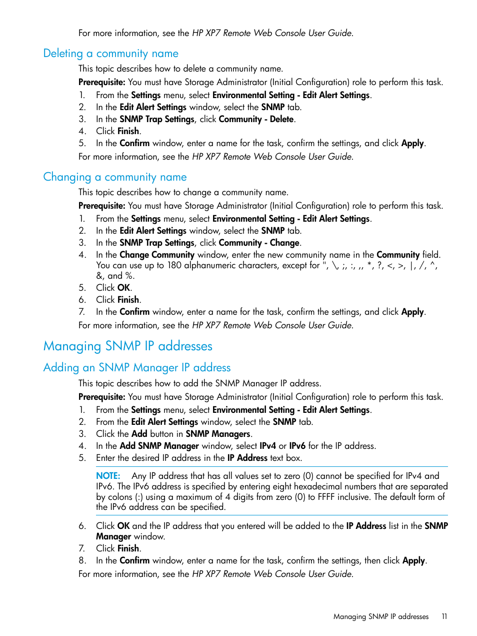 Deleting a community name, Changing a community name, Managing snmp ip addresses | Adding an snmp manager ip address | HP XP Racks User Manual | Page 11 / 41