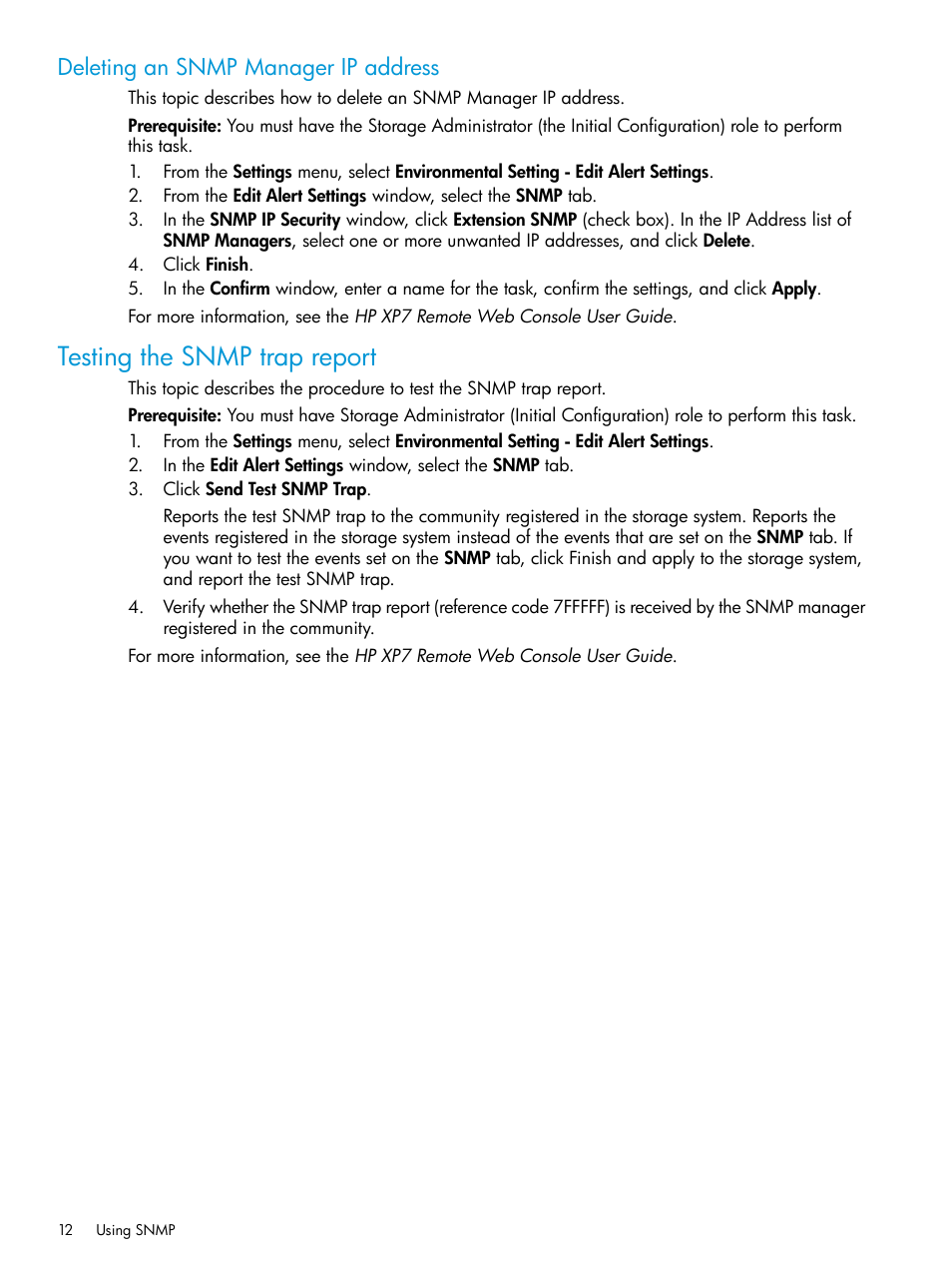 Deleting an snmp manager ip address, Testing the snmp trap report | HP XP Racks User Manual | Page 12 / 41