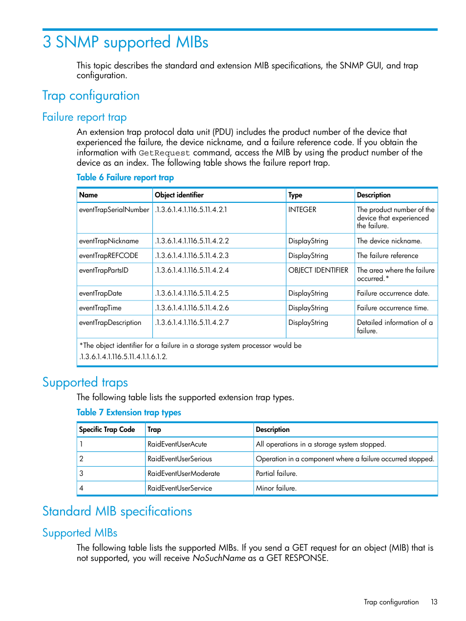 3 snmp supported mibs, Trap configuration, Failure report trap | Supported traps, Standard mib specifications, Supported mibs, Supported traps standard mib specifications | HP XP Racks User Manual | Page 13 / 41