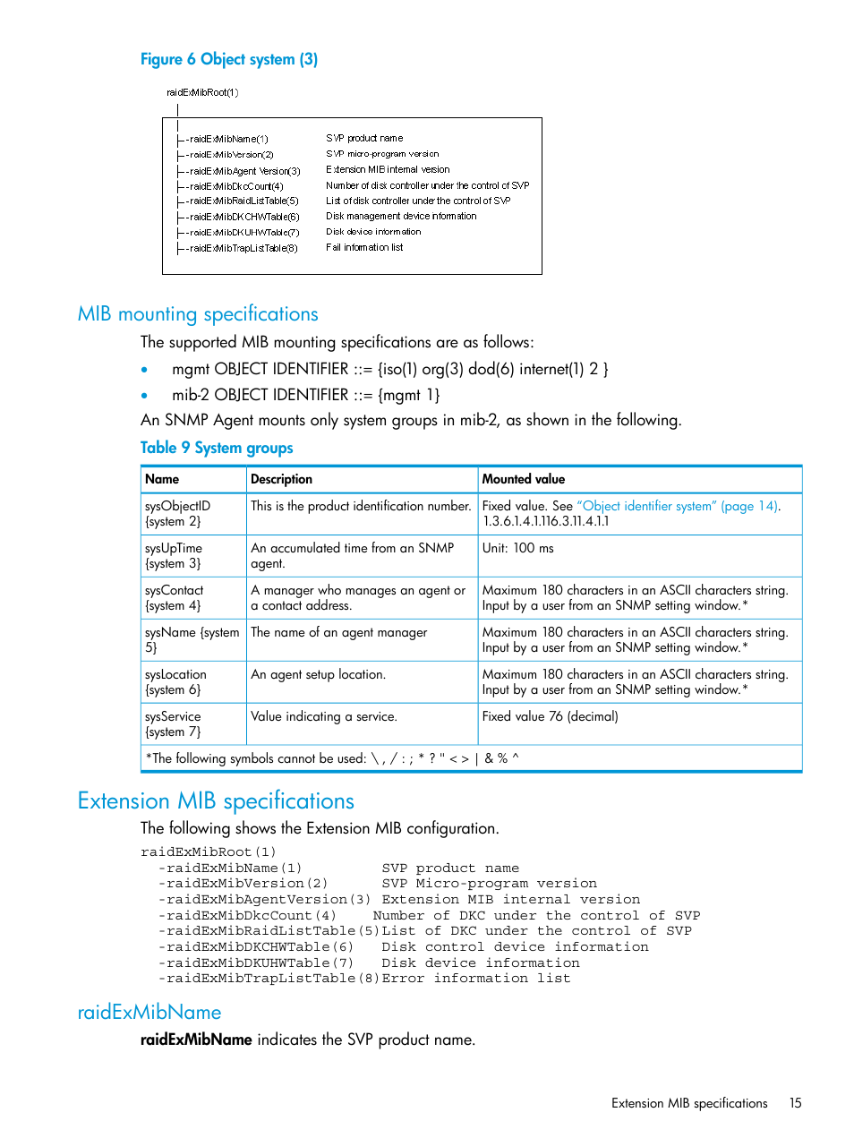 Mib mounting specifications, Extension mib specifications, Raidexmibname | HP XP Racks User Manual | Page 15 / 41