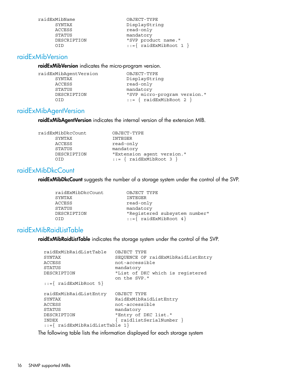 Raidexmibversion, Raidexmibagentversion, Raidexmibdkccount | Raidexmibraidlisttable | HP XP Racks User Manual | Page 16 / 41