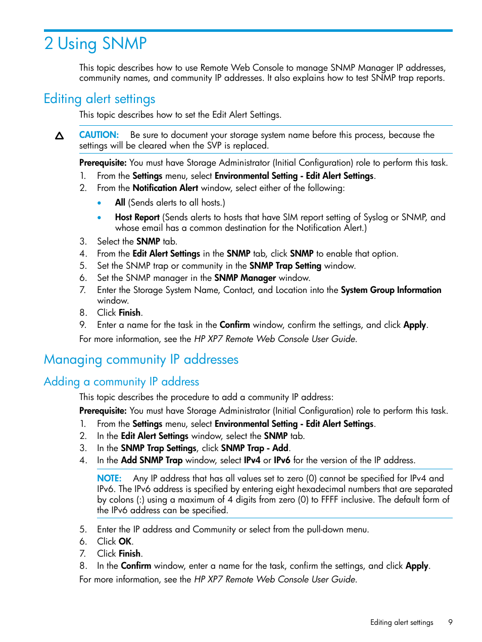 2 using snmp, Editing alert settings, Managing community ip addresses | Adding a community ip address | HP XP Racks User Manual | Page 9 / 41