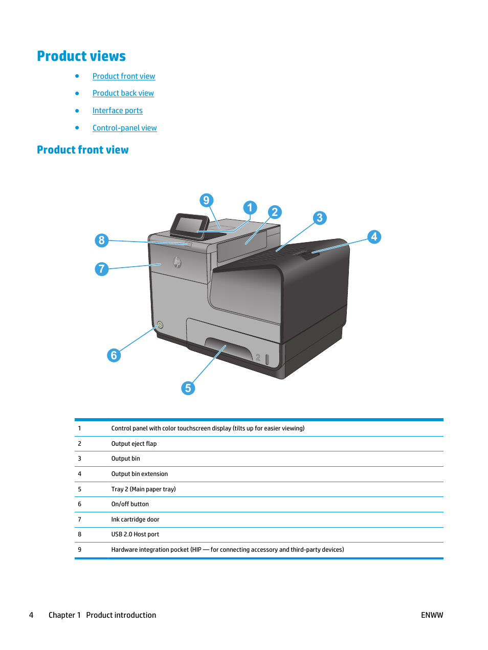 Product views, Product front view | HP Officejet Enterprise Color X555 Printer series User Manual | Page 12 / 102