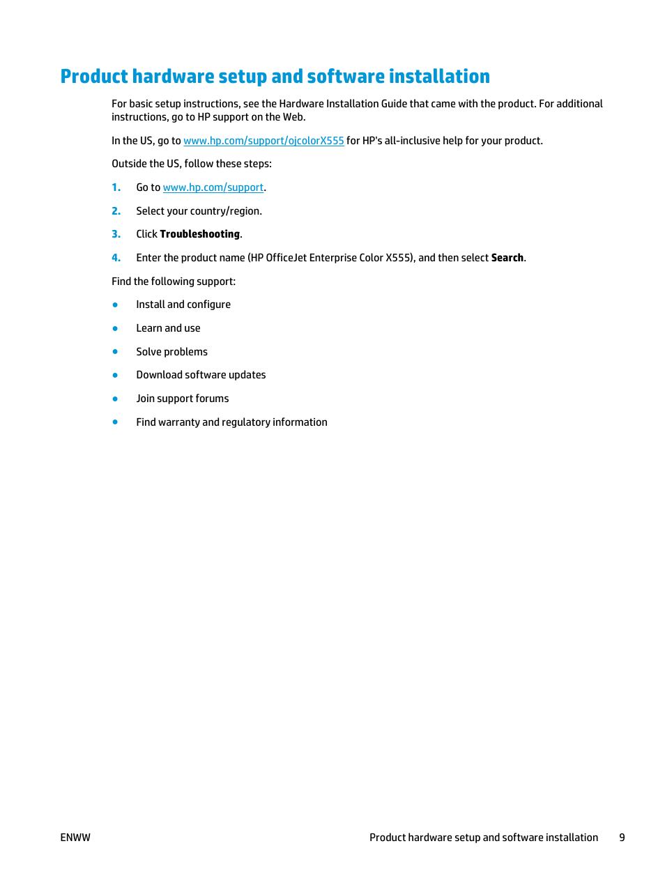 Product hardware setup and software installation | HP Officejet Enterprise Color X555 Printer series User Manual | Page 17 / 102