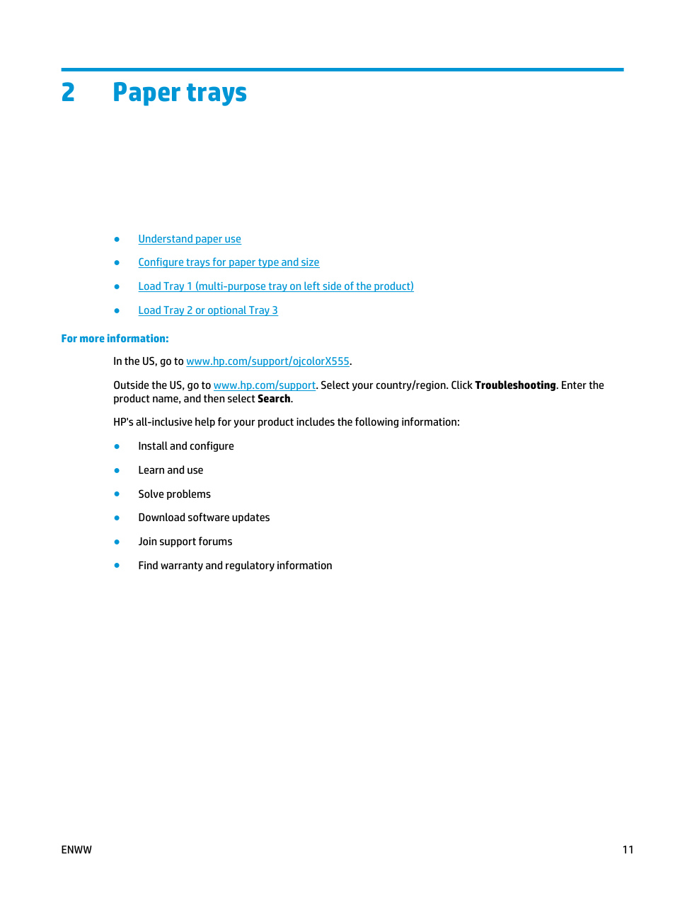 Paper trays, 2 paper trays, 2paper trays | HP Officejet Enterprise Color X555 Printer series User Manual | Page 19 / 102