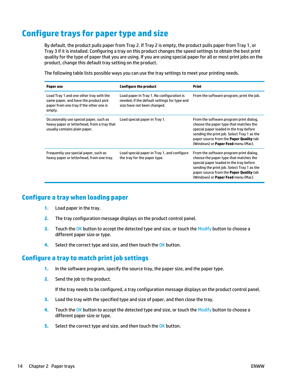 Configure trays for paper type and size, Configure a tray when loading paper, Configure a tray to match print job settings | HP Officejet Enterprise Color X555 Printer series User Manual | Page 22 / 102