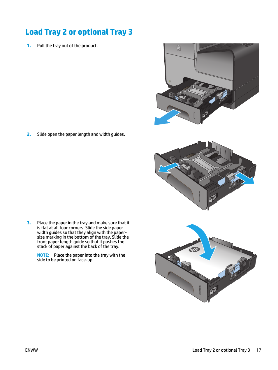 Load tray 2 or optional tray 3 | HP Officejet Enterprise Color X555 Printer series User Manual | Page 25 / 102