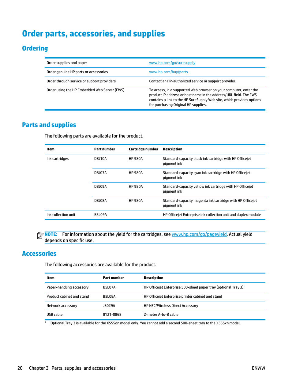 Order parts, accessories, and supplies, Ordering, Parts and supplies | Accessories, Ordering parts and supplies accessories | HP Officejet Enterprise Color X555 Printer series User Manual | Page 28 / 102