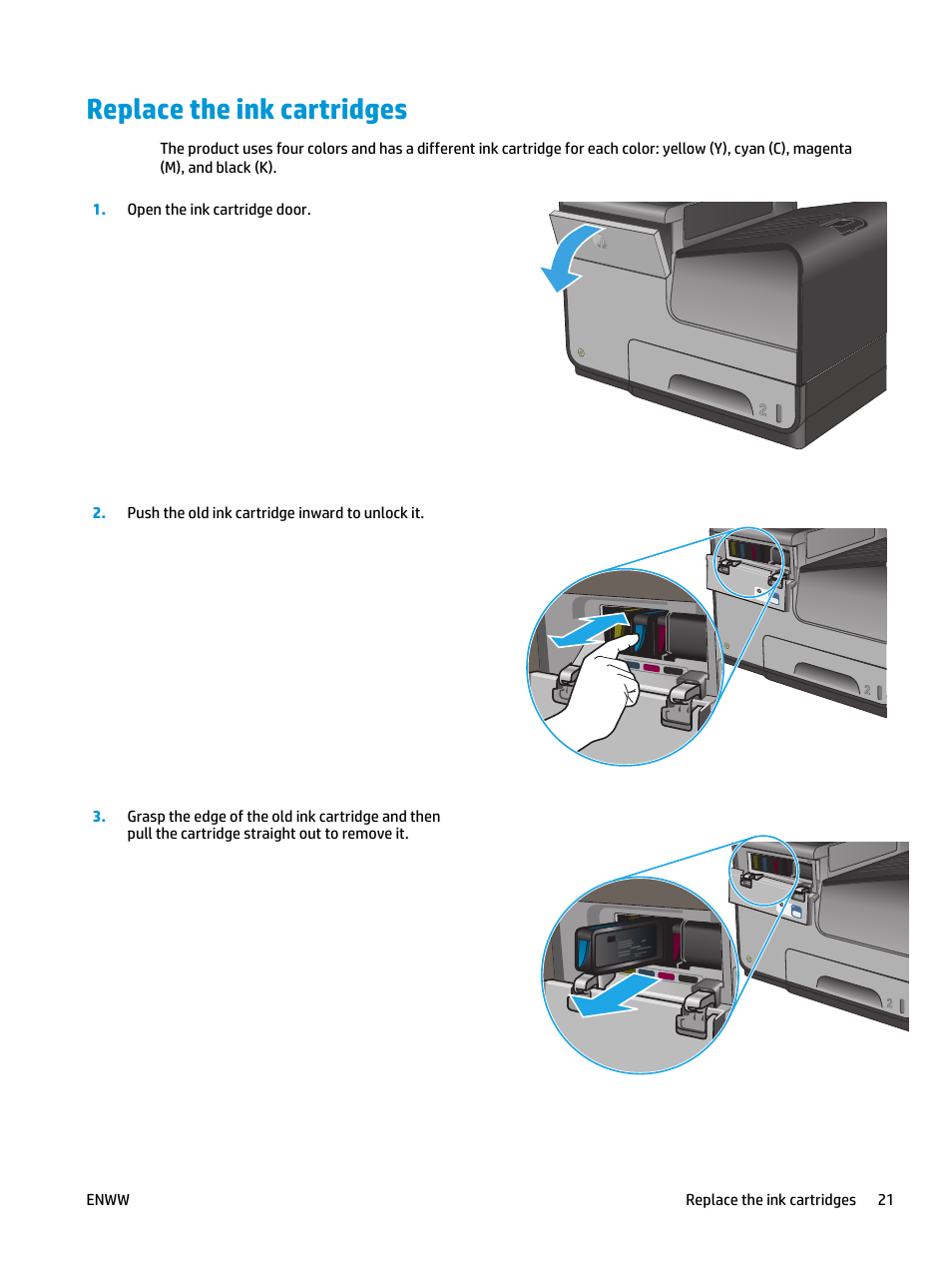 Replace the ink cartridges | HP Officejet Enterprise Color X555 Printer series User Manual | Page 29 / 102