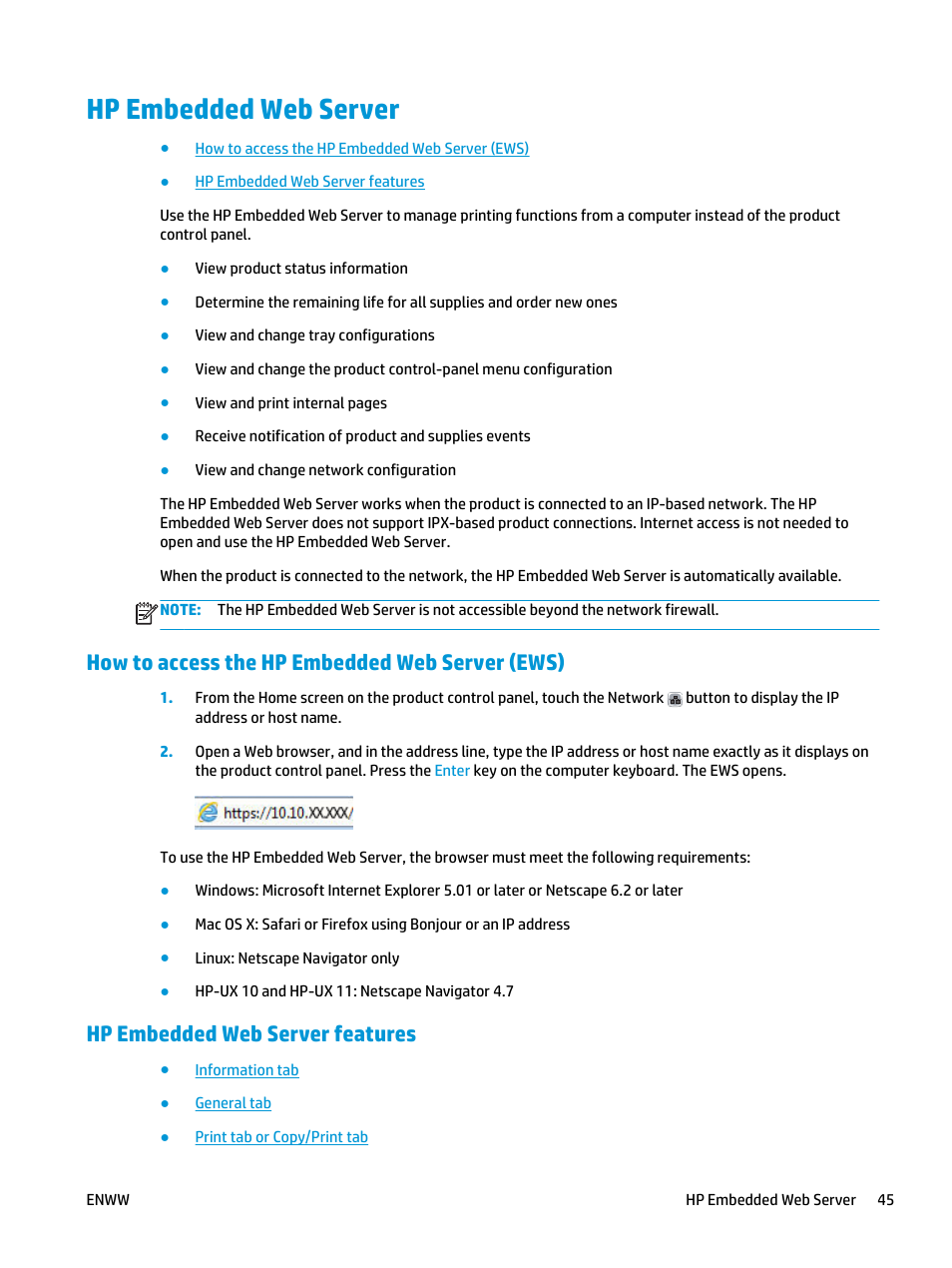 Hp embedded web server, How to access the hp embedded web server (ews), Hp embedded web server features | HP Officejet Enterprise Color X555 Printer series User Manual | Page 53 / 102