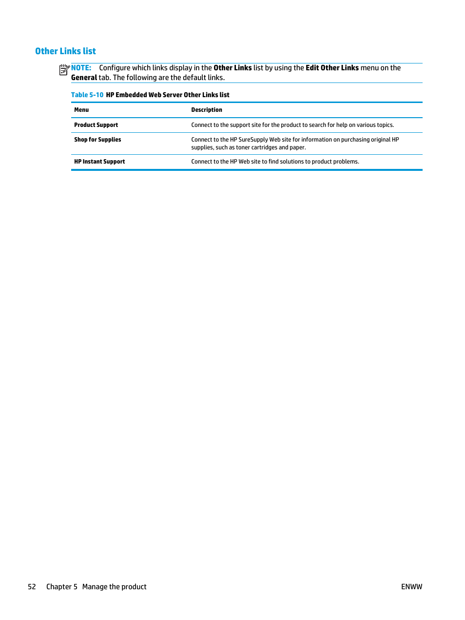 Other links list | HP Officejet Enterprise Color X555 Printer series User Manual | Page 60 / 102
