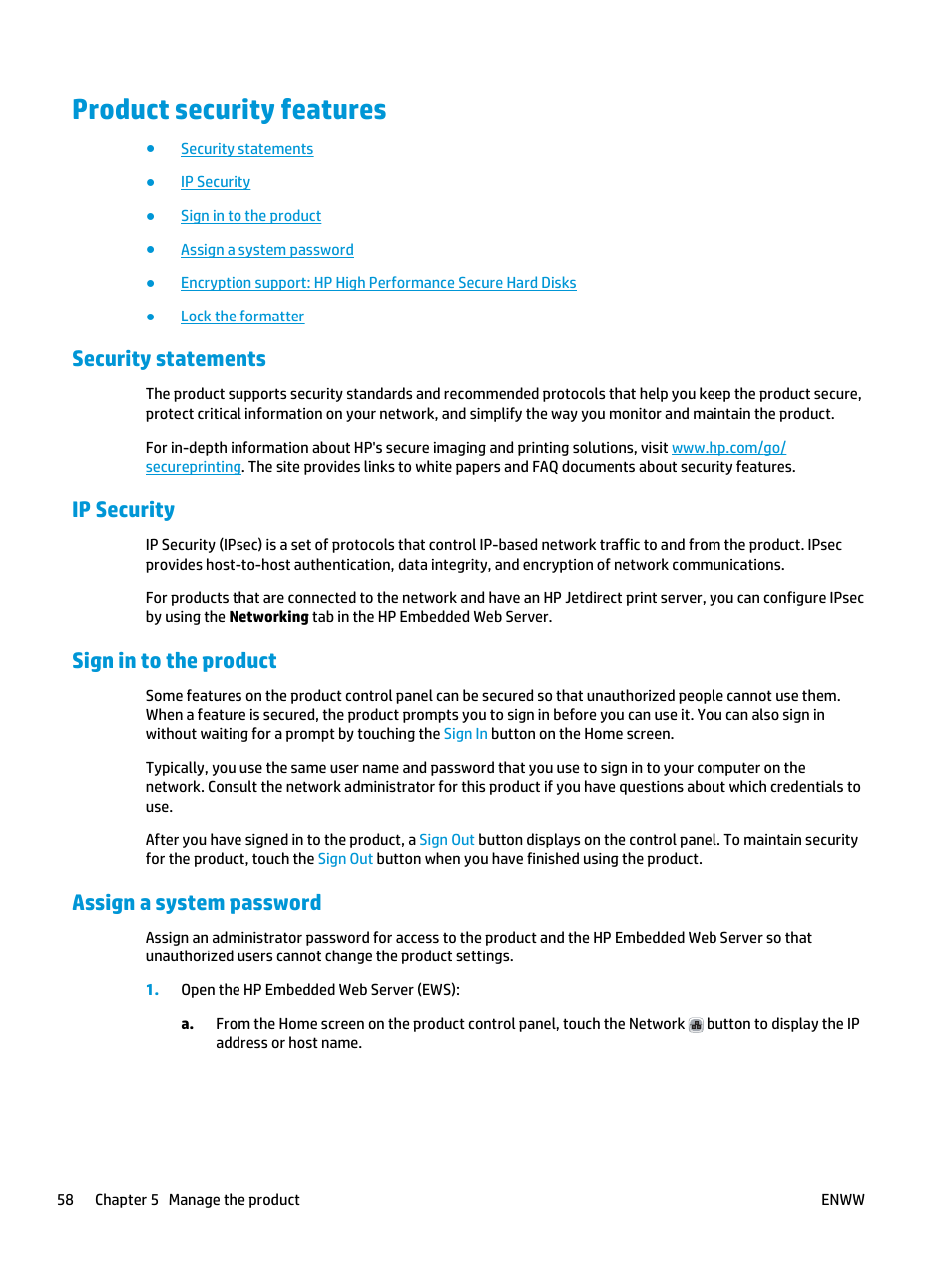 Product security features, Security statements, Ip security | Sign in to the product, Assign a system password | HP Officejet Enterprise Color X555 Printer series User Manual | Page 66 / 102