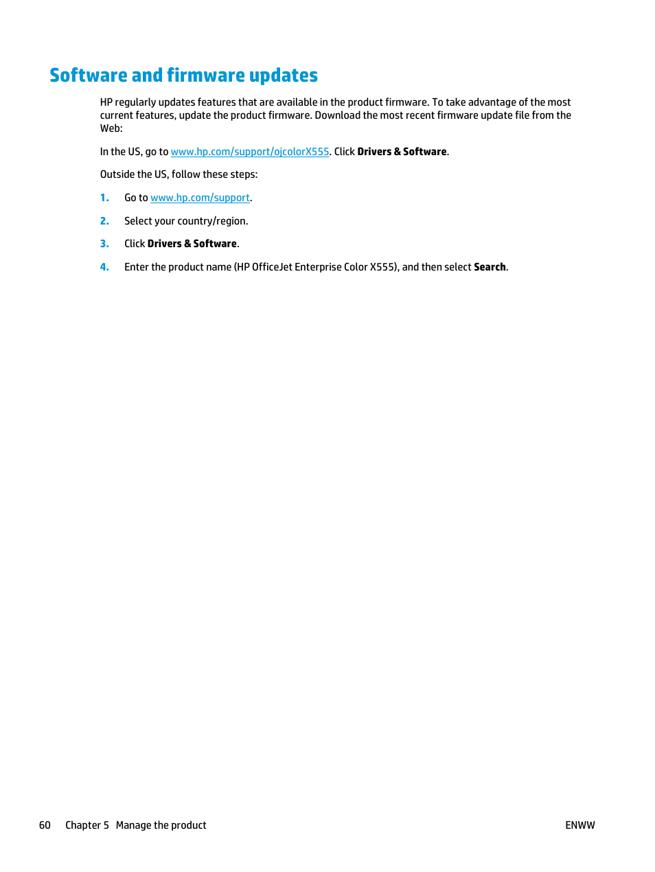 Software and firmware updates | HP Officejet Enterprise Color X555 Printer series User Manual | Page 68 / 102