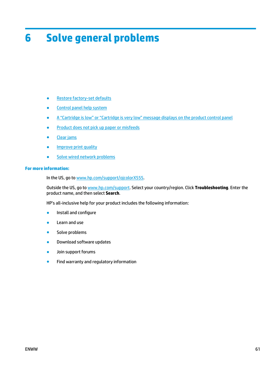 Solve general problems, 6 solve general problems, 6solve general problems | HP Officejet Enterprise Color X555 Printer series User Manual | Page 69 / 102