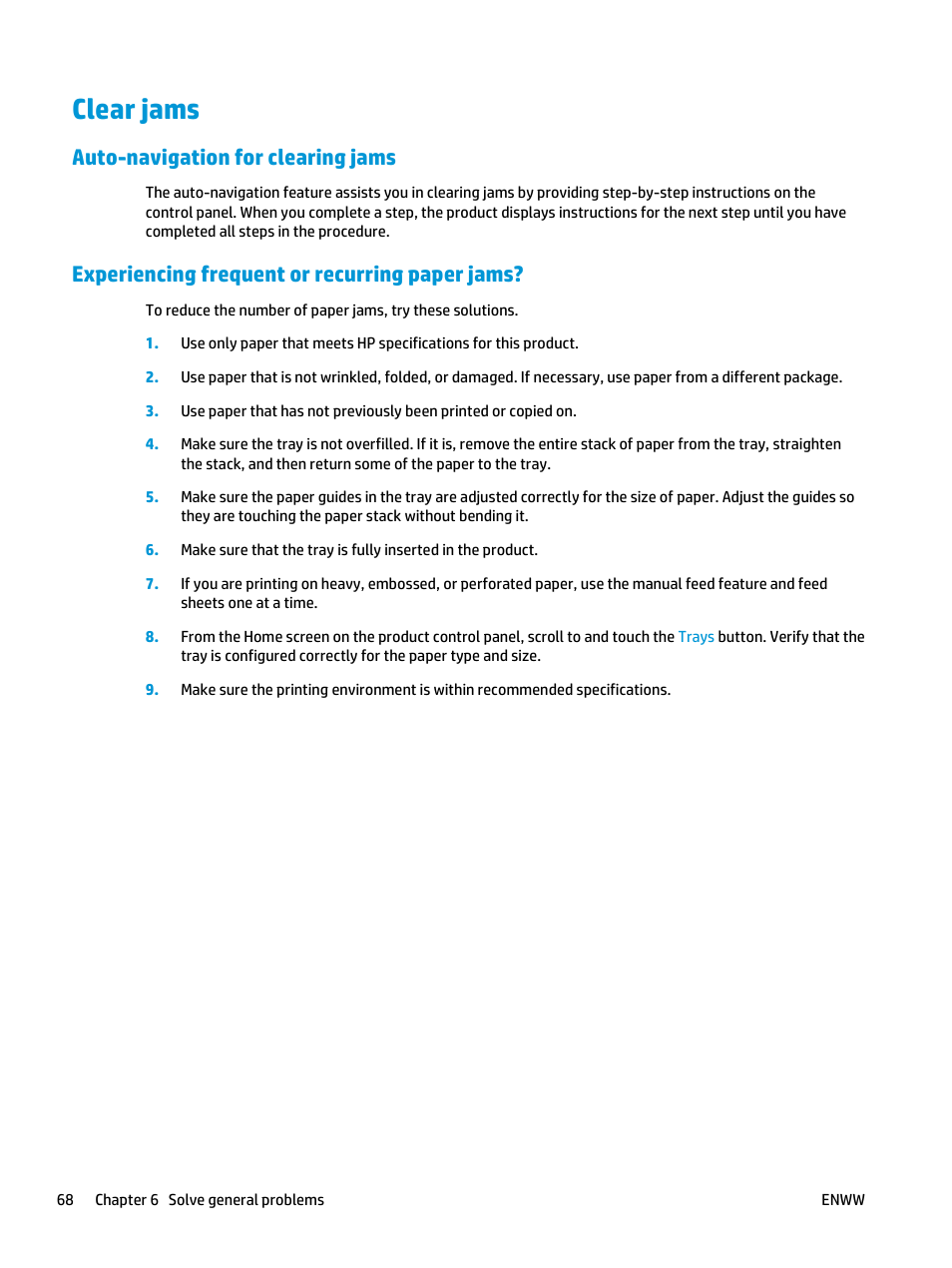 Clear jams, Auto-navigation for clearing jams, Experiencing frequent or recurring paper jams | HP Officejet Enterprise Color X555 Printer series User Manual | Page 76 / 102
