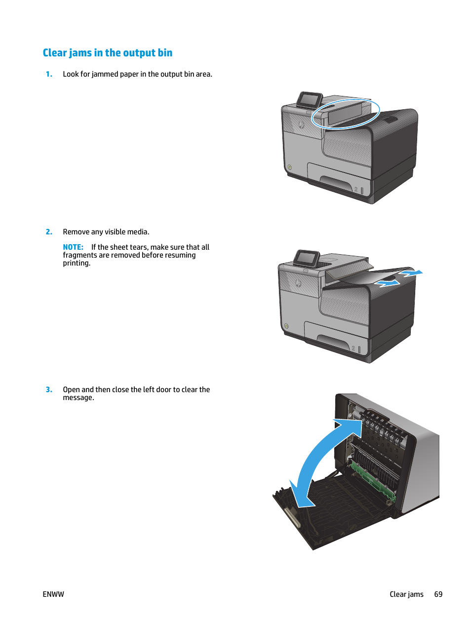 Clear jams in the output bin | HP Officejet Enterprise Color X555 Printer series User Manual | Page 77 / 102