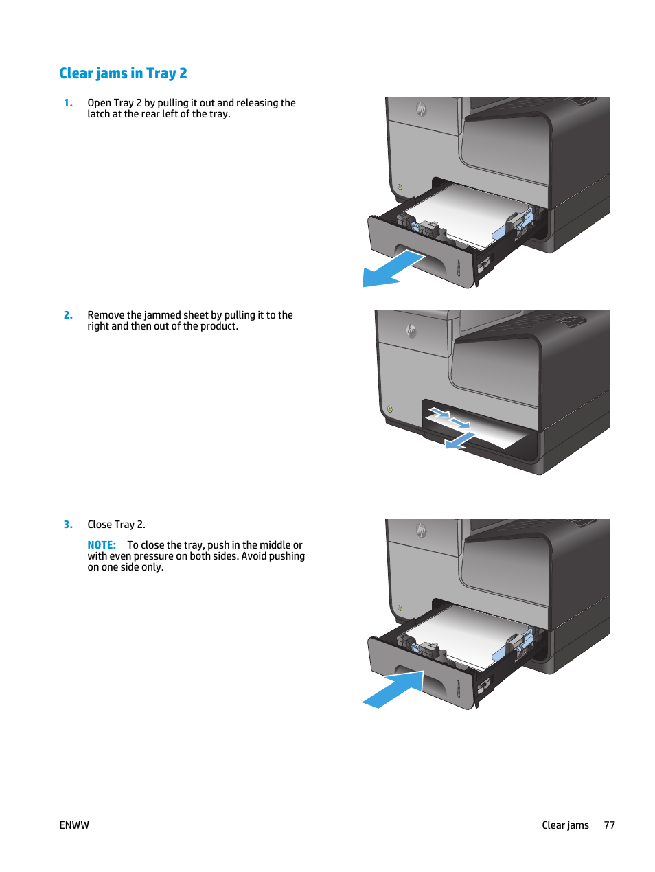 Clear jams in tray 2 | HP Officejet Enterprise Color X555 Printer series User Manual | Page 85 / 102