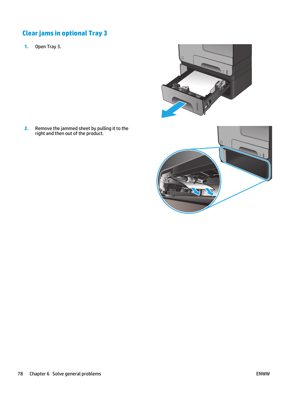 Clear jams in optional tray 3 | HP Officejet Enterprise Color X555 Printer series User Manual | Page 86 / 102