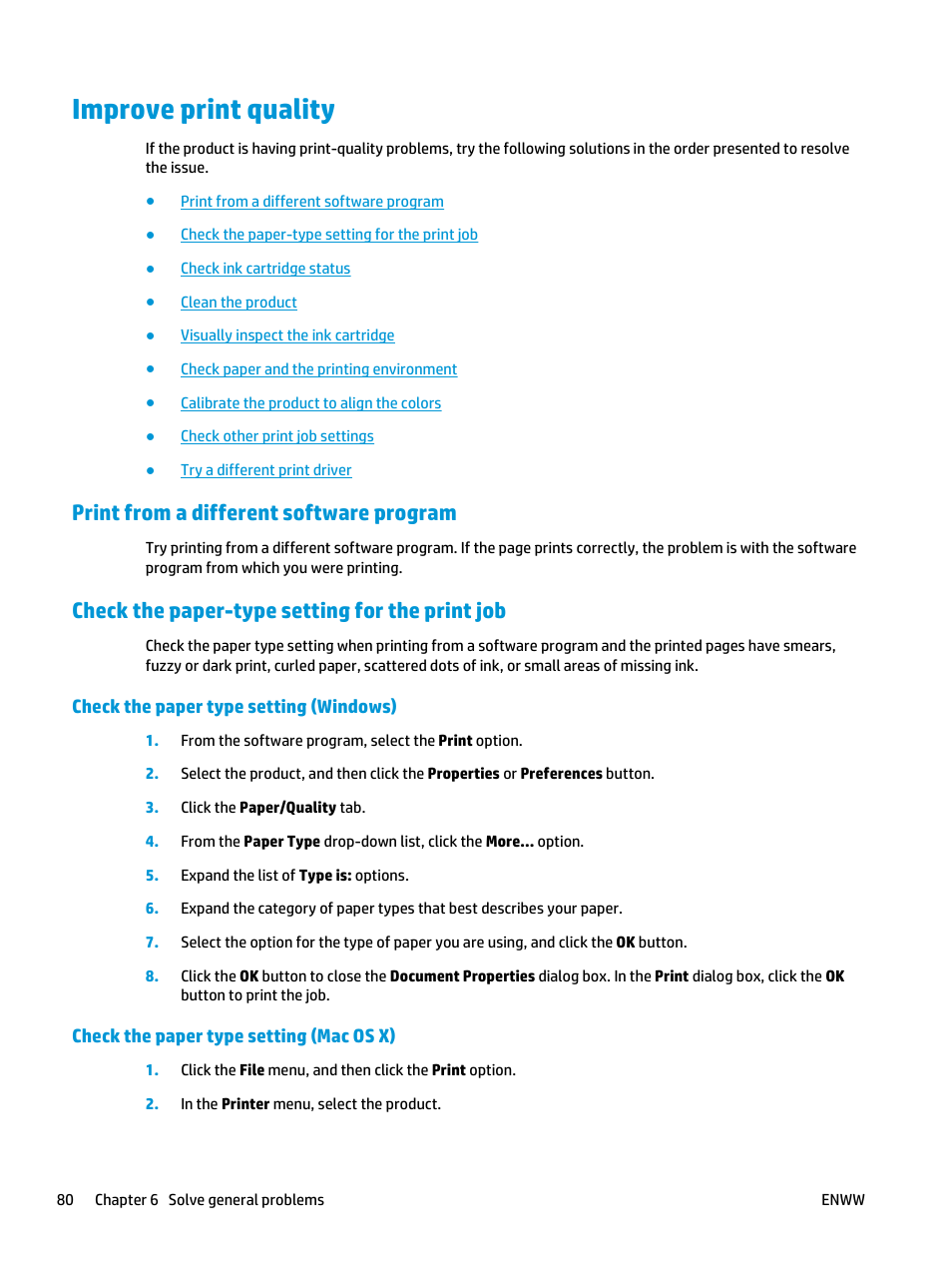 Improve print quality, Print from a different software program, Check the paper-type setting for the print job | Check the paper type setting (windows), Check the paper type setting (mac os x) | HP Officejet Enterprise Color X555 Printer series User Manual | Page 88 / 102