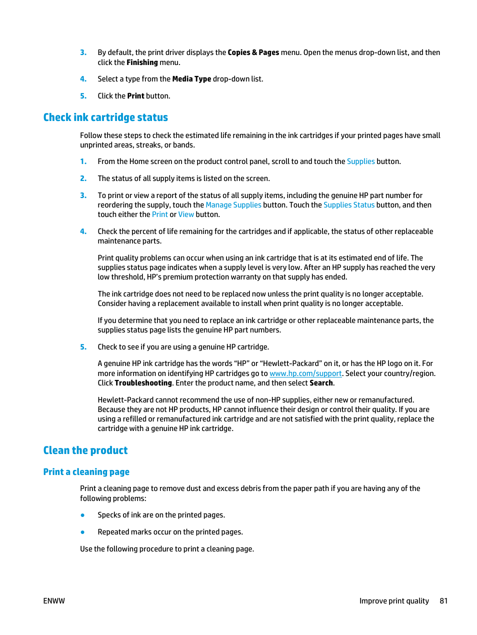 Check ink cartridge status, Clean the product, Check ink cartridge status clean the product | HP Officejet Enterprise Color X555 Printer series User Manual | Page 89 / 102