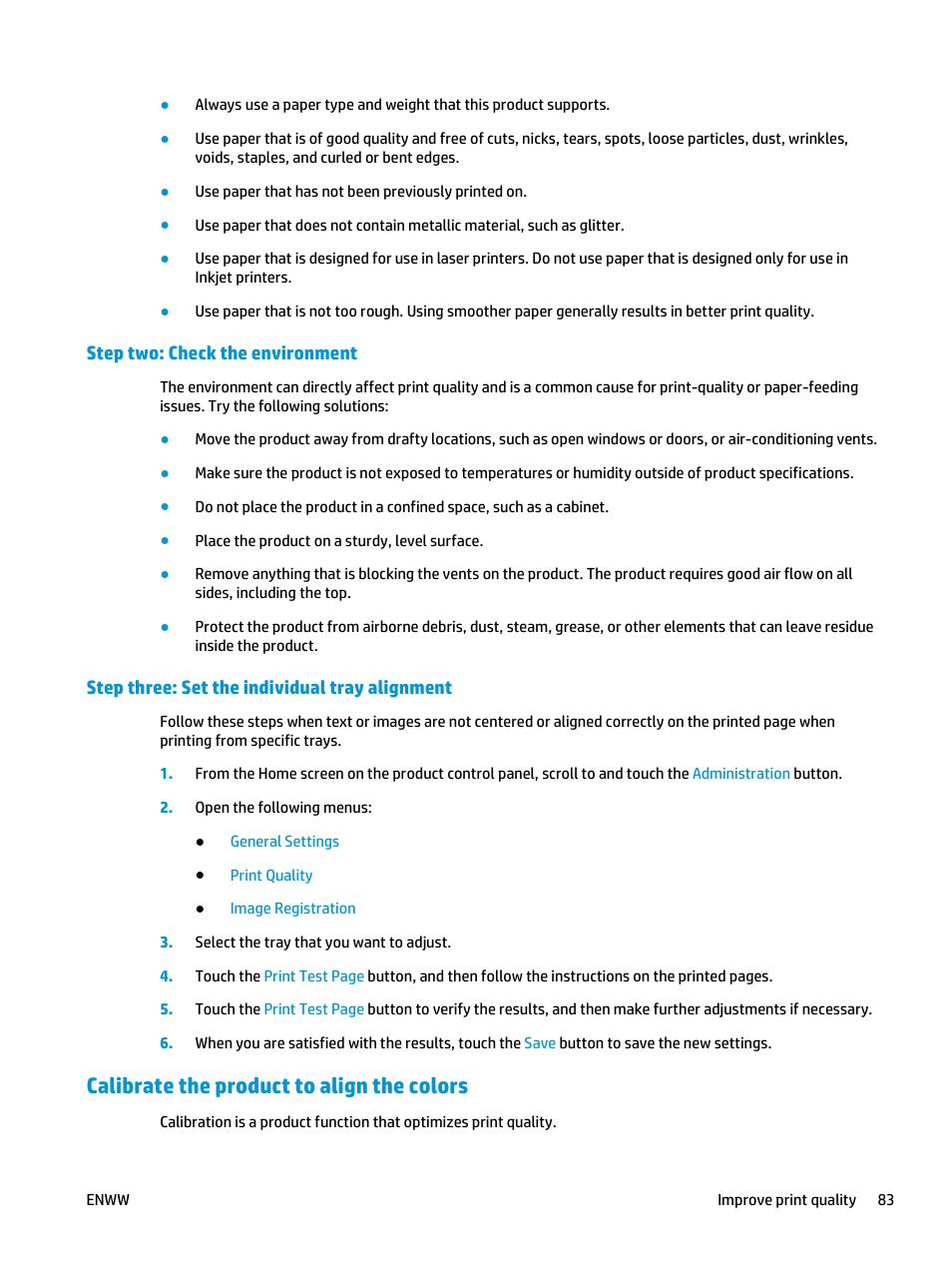 Step two: check the environment, Step three: set the individual tray alignment, Calibrate the product to align the colors | HP Officejet Enterprise Color X555 Printer series User Manual | Page 91 / 102