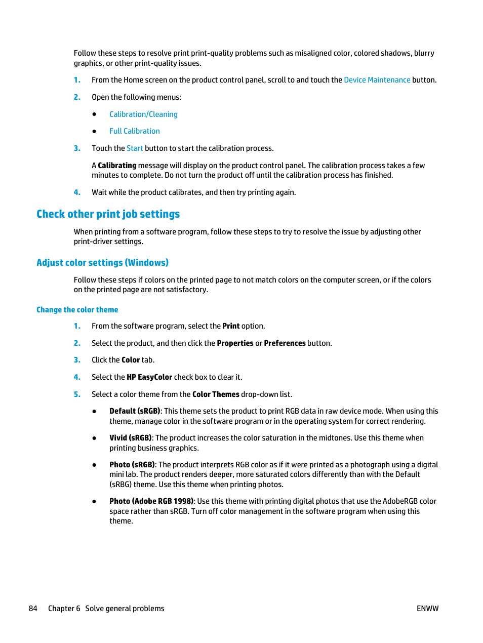 Check other print job settings, Adjust color settings (windows) | HP Officejet Enterprise Color X555 Printer series User Manual | Page 92 / 102