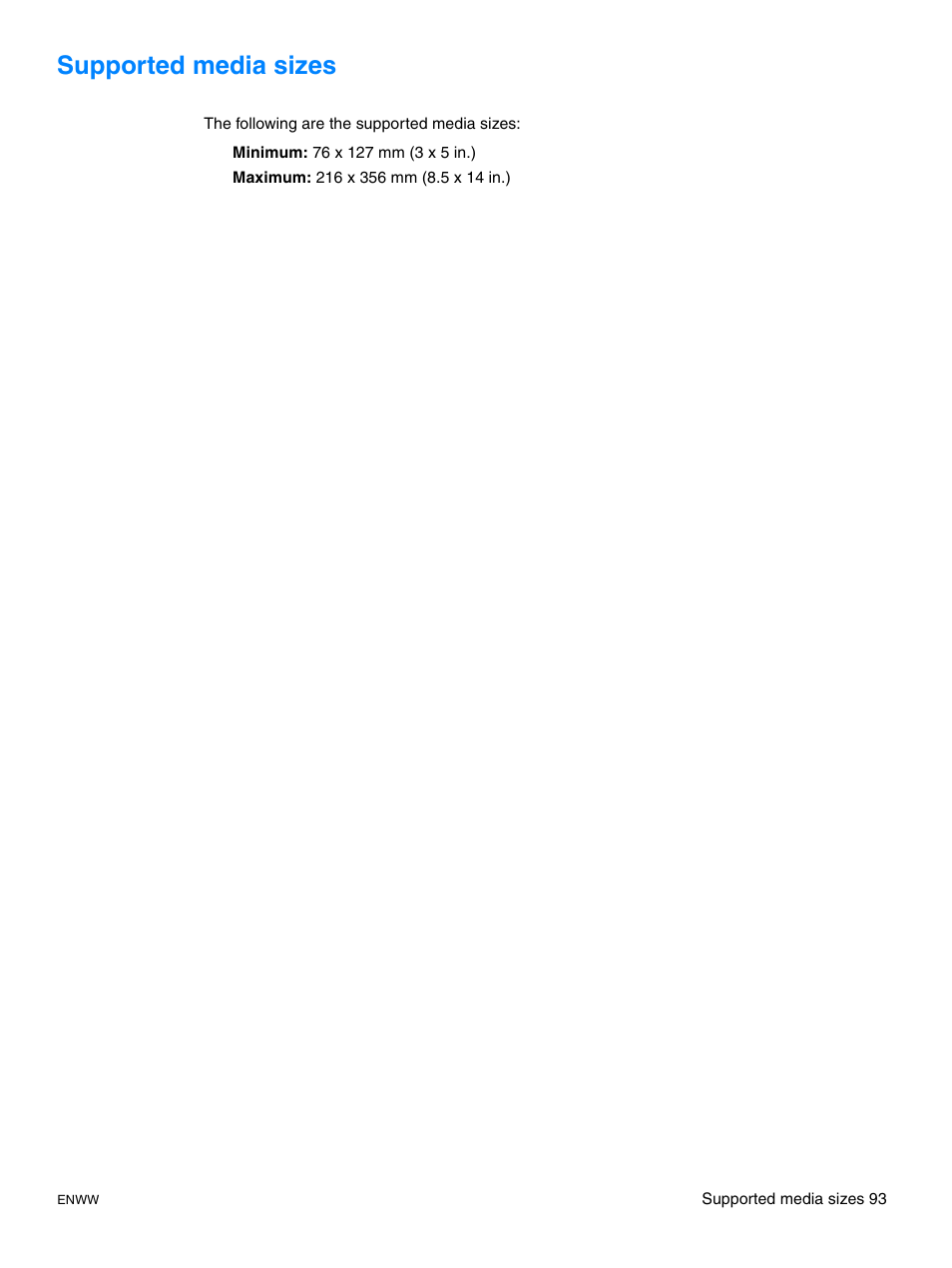 Supported media sizes | HP LaserJet 1015 Printer User Manual | Page 101 / 122