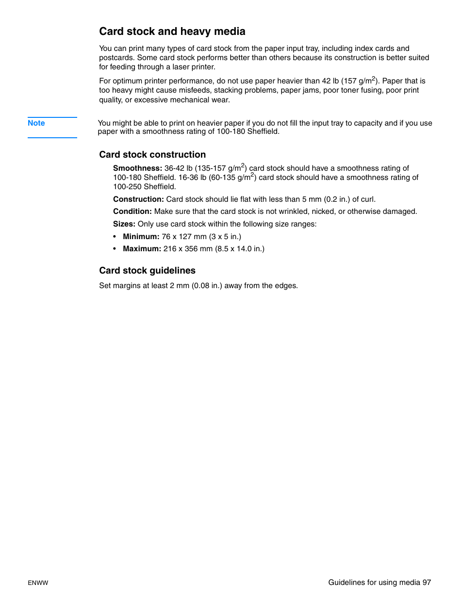 Card stock and heavy media, Card stock construction, Card stock guidelines | HP LaserJet 1015 Printer User Manual | Page 105 / 122