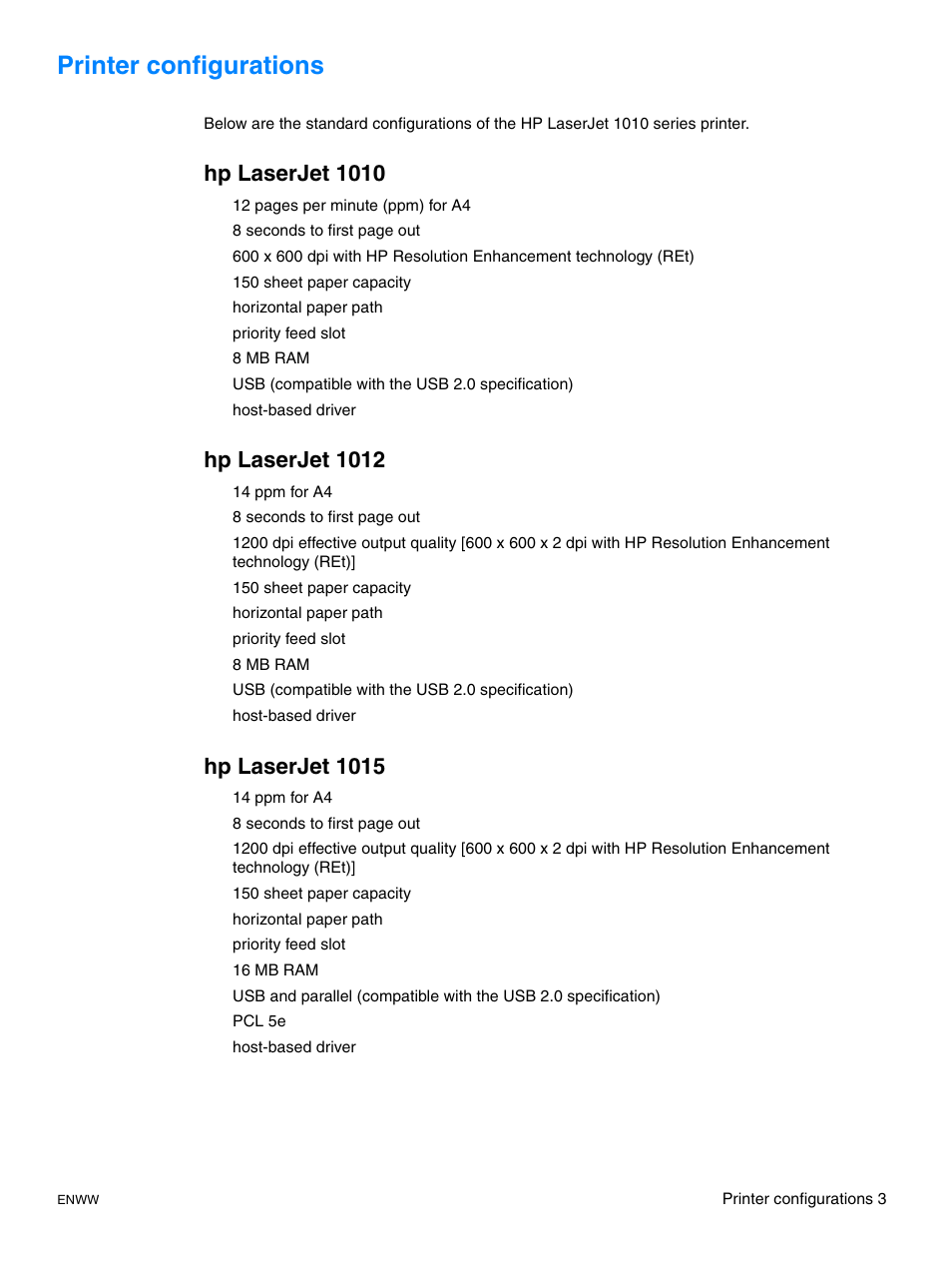 Printer configurations, Hplaserjet1010, Hplaserjet1012 | Hplaserjet1015, Hp laserjet 1010 hp laserjet 1012 hp laserjet 1015, Hp laserjet 1010, Hp laserjet 1012, Hp laserjet 1015 | HP LaserJet 1015 Printer User Manual | Page 11 / 122