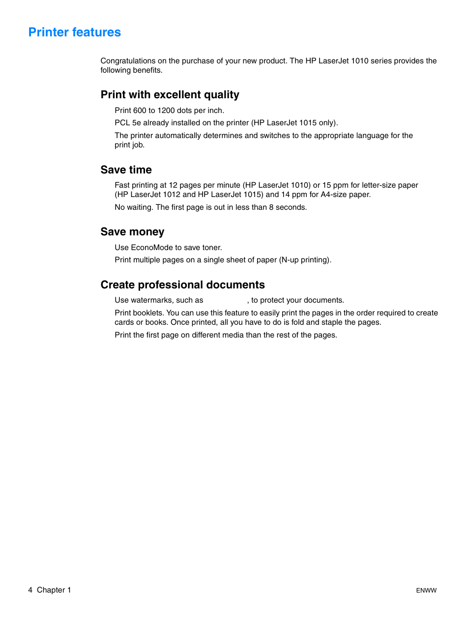 Printer features, Print with excellent quality, Save time | Save money, Create professional documents | HP LaserJet 1015 Printer User Manual | Page 12 / 122