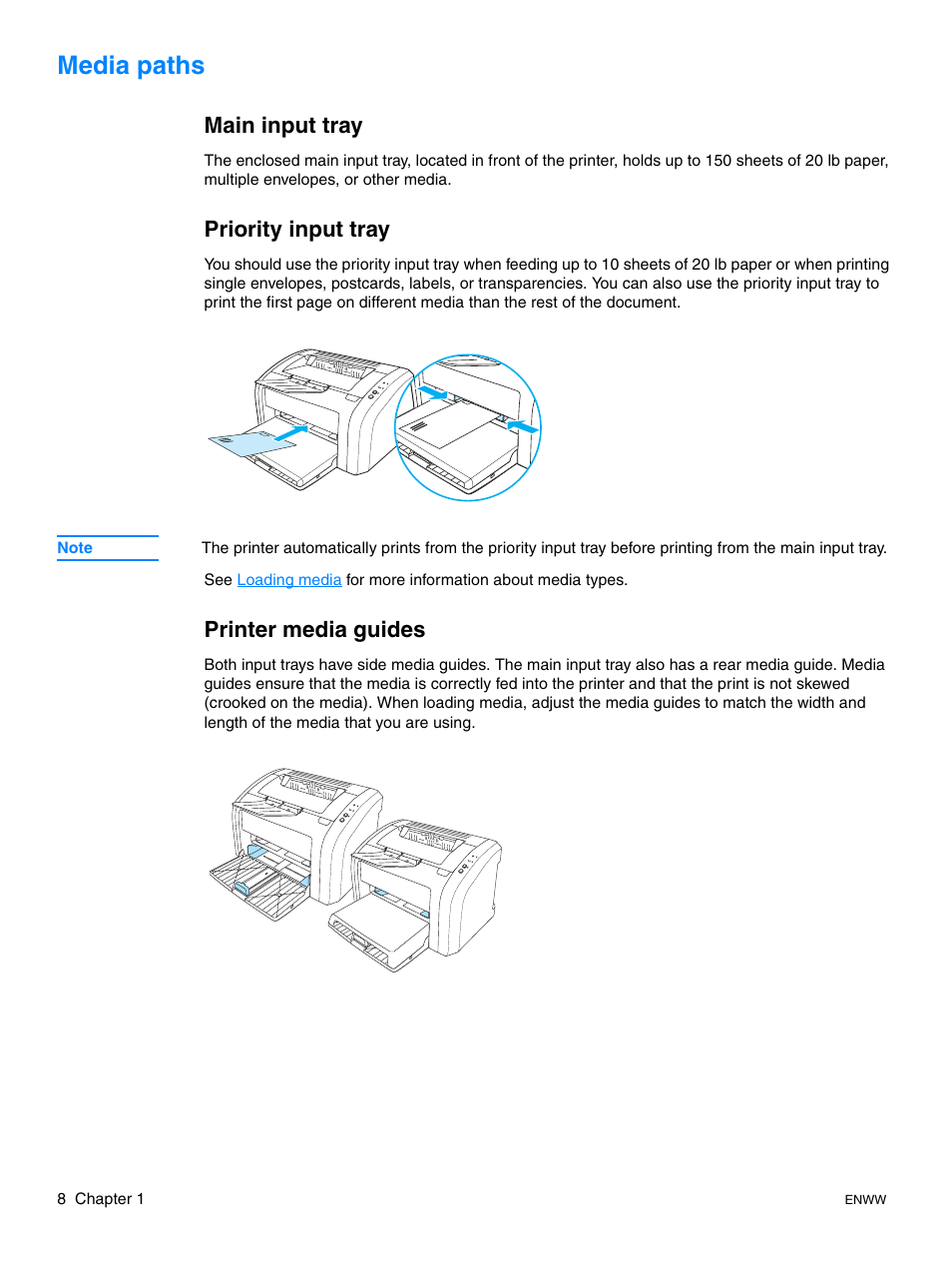 Media paths, Main input tray, Priority input tray | Printer media guides | HP LaserJet 1015 Printer User Manual | Page 16 / 122