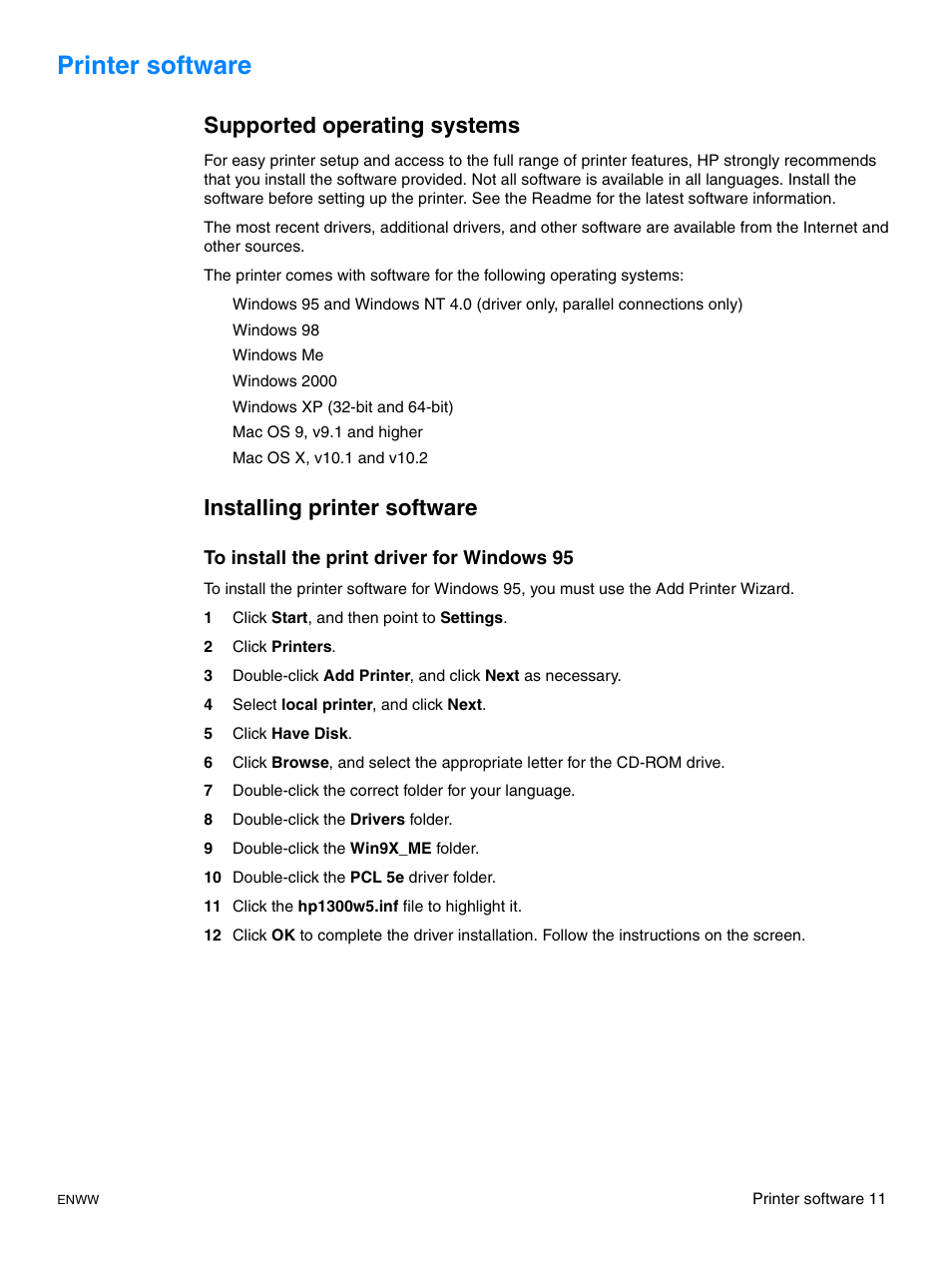 Printer software, Supported operating systems, Installing printer software | HP LaserJet 1015 Printer User Manual | Page 19 / 122