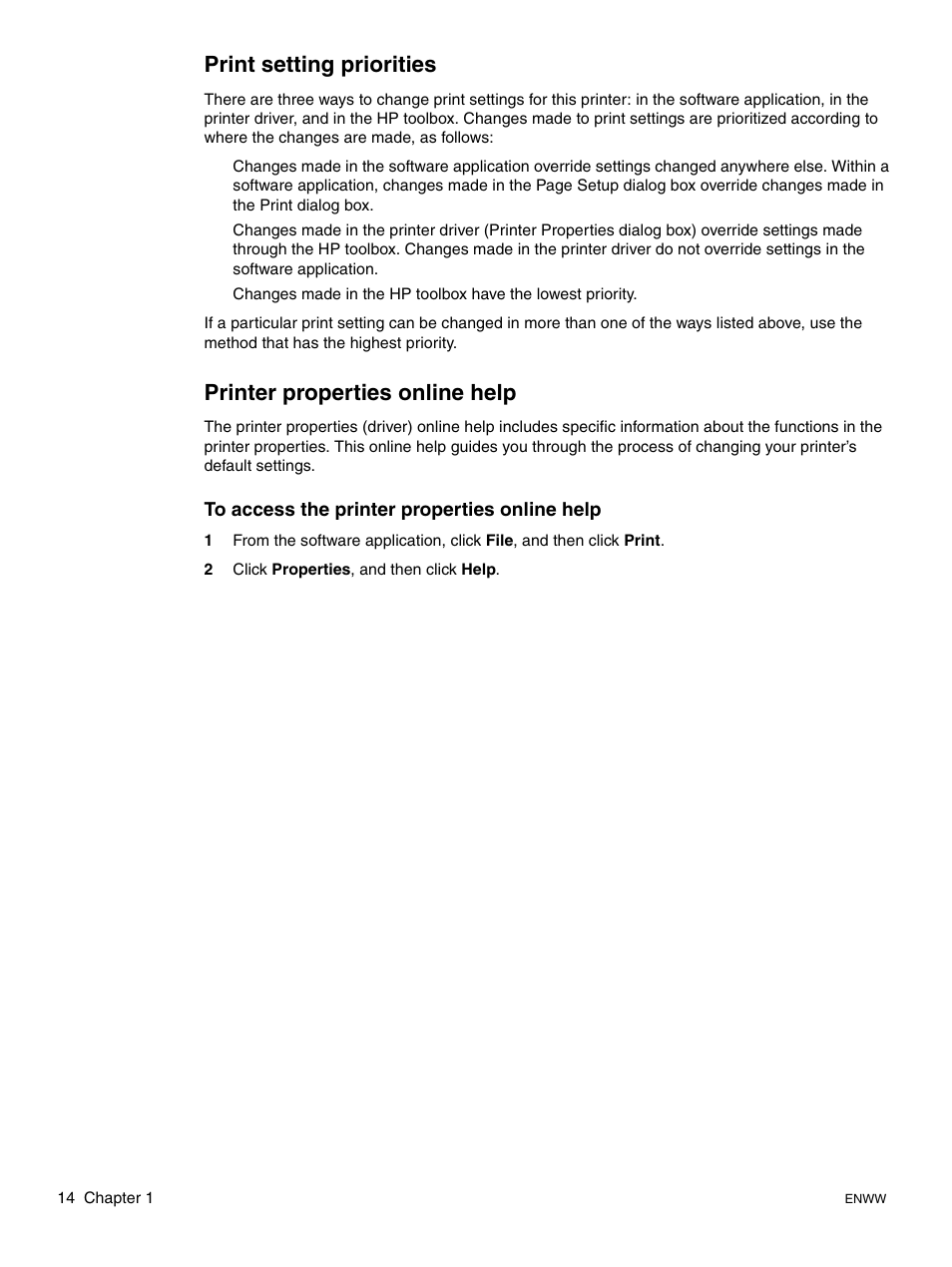 Print setting priorities, Printer properties online help | HP LaserJet 1015 Printer User Manual | Page 22 / 122