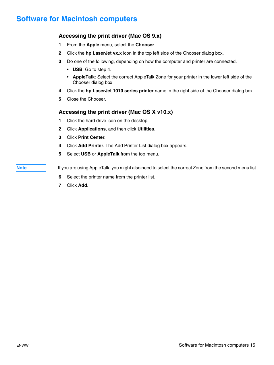 Software for macintosh computers, Accessing the print driver (mac os 9.x), Accessing the print driver (mac os x v10.x) | HP LaserJet 1015 Printer User Manual | Page 23 / 122