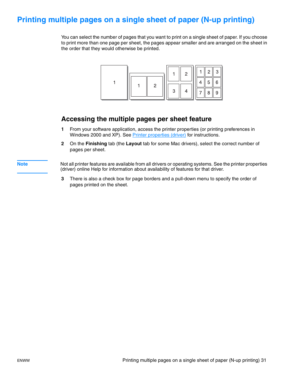 Accessing the multiple pages per sheet feature | HP LaserJet 1015 Printer User Manual | Page 39 / 122