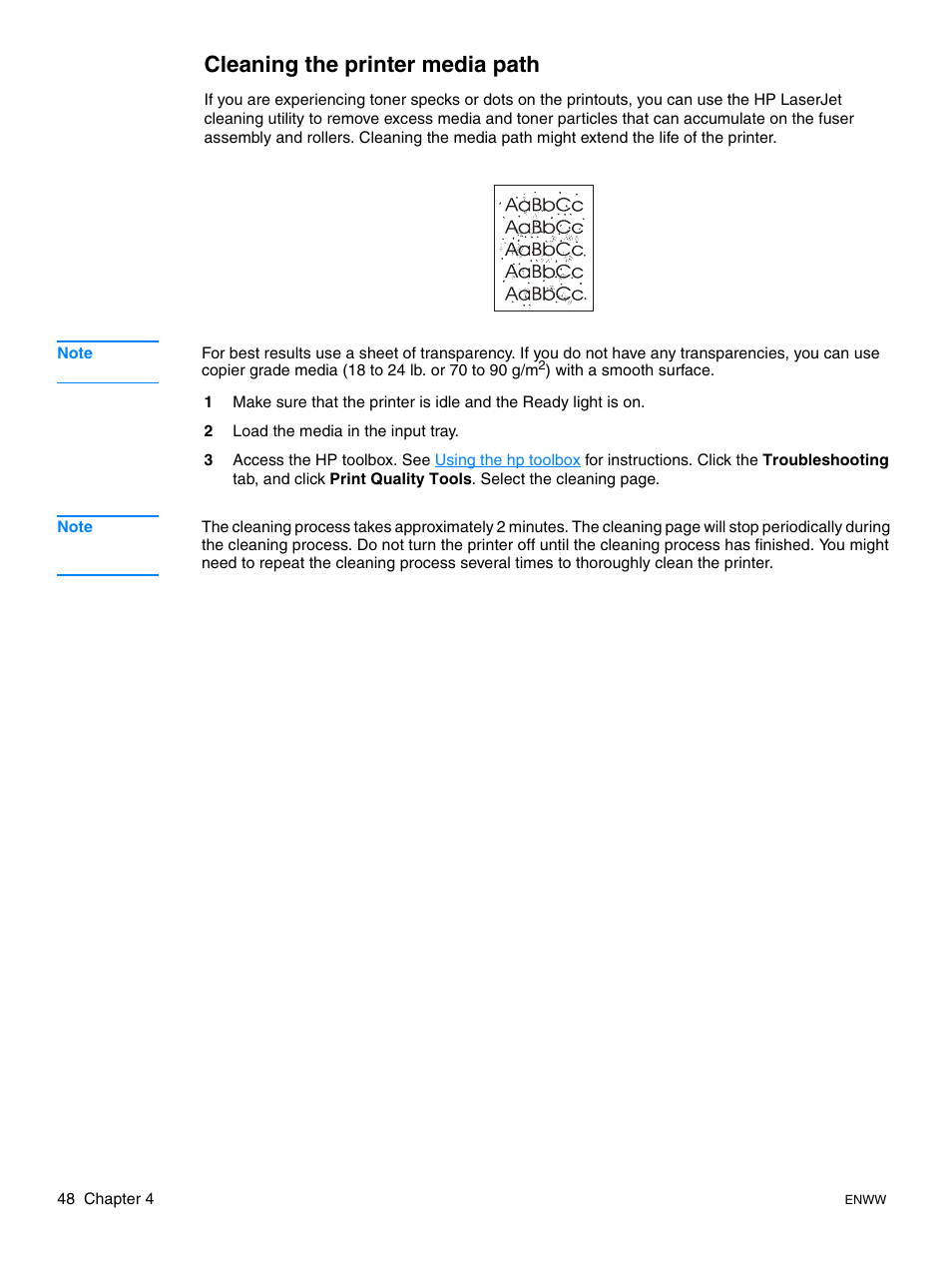 Cleaning the printer media path | HP LaserJet 1015 Printer User Manual | Page 56 / 122