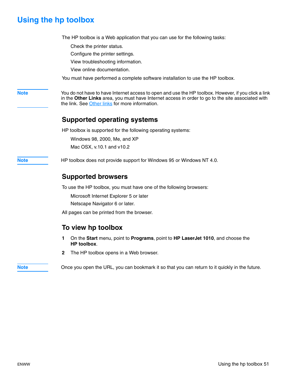 Using the hp toolbox, Supported operating systems, Supported browsers | To view hptoolbox | HP LaserJet 1015 Printer User Manual | Page 59 / 122